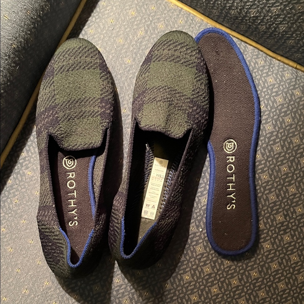 Rothy's Green and Black Plaid Loafers with Insoles
